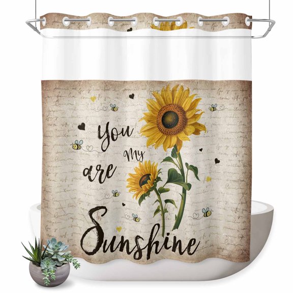 No Hook Shower Curtain Bee Sunflower Shower Curtain for Bathroom Retro You Are My Sunshine Bath Curtains Waterproof Fabric with See Through Top Window for Spa Hotel 72x72 Inch