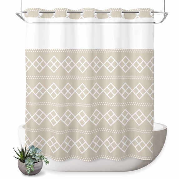 No Hook Shower Curtain, Beige Boho Shower Curtains for Bathroom with See Through Top Window, Vintage Ethnic Tribe Abstract Art Geometric Waterproof & Washable Bath Curtain 66"x72"