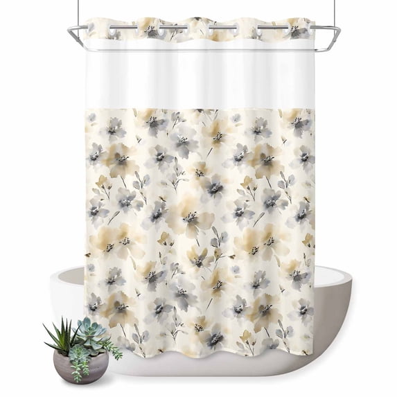 No Hook Shower Curtain, Beige Grey Spring Floral Shower Curtains for Bathroom with See Through Top Window, Watercolor Summer Botanical Waterproof & Washable Bath Curtain 60"x72"