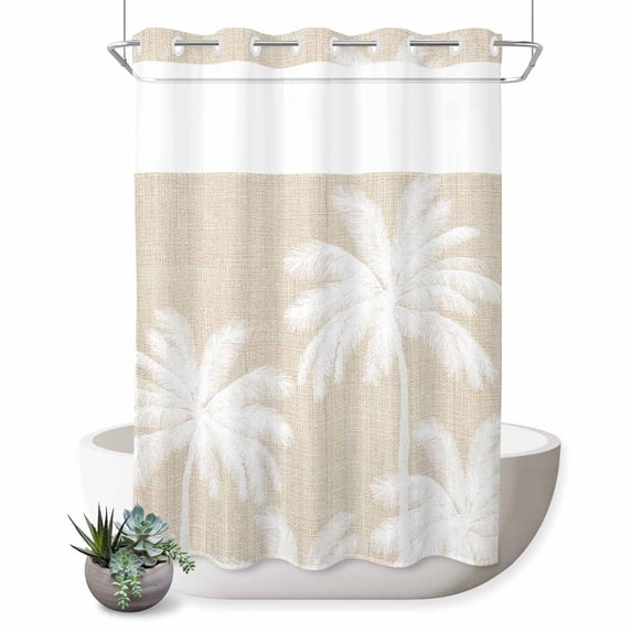 No Hook Shower Curtain, Beige Palm Trees Shower Curtains for Bathroom with See Through Top Window, Farmhouse Tropical Summer Beach Waterproof & Washable Bath Curtain 60"x72"