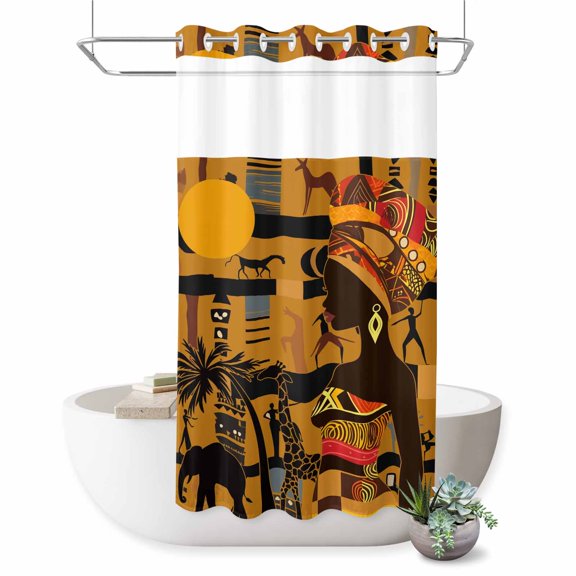 No Hook Shower Curtain, Black African Women Shower Curtains for Bathroom with See Through Top Window, Boho Brown Elephant Giraffe Ethnic Waterproof & Washable Bath Curtain Stand Up Stall 36"x72"