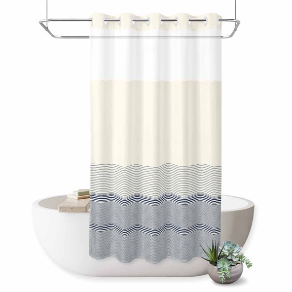 No Hook Shower Curtain, Black Beige Striped Shower Curtains for Bathroom with See Through Top Window, Farmhouse Stripes Waterproof & Washable Bath Curtain Stand Up Stall 36"x72"