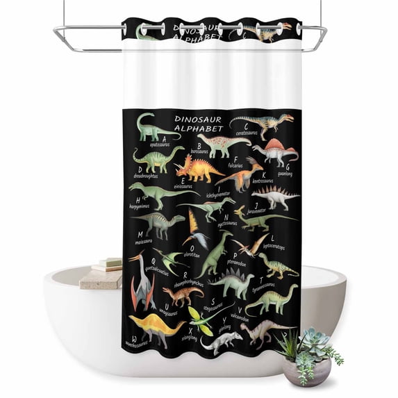 No Hook Shower Curtain, Black Dinosaur Shower Curtains for Bathroom with See Through Top Window, Vintage Letters Farm Animals Waterproof & Washable Bath Curtain Narrow 54"x78"