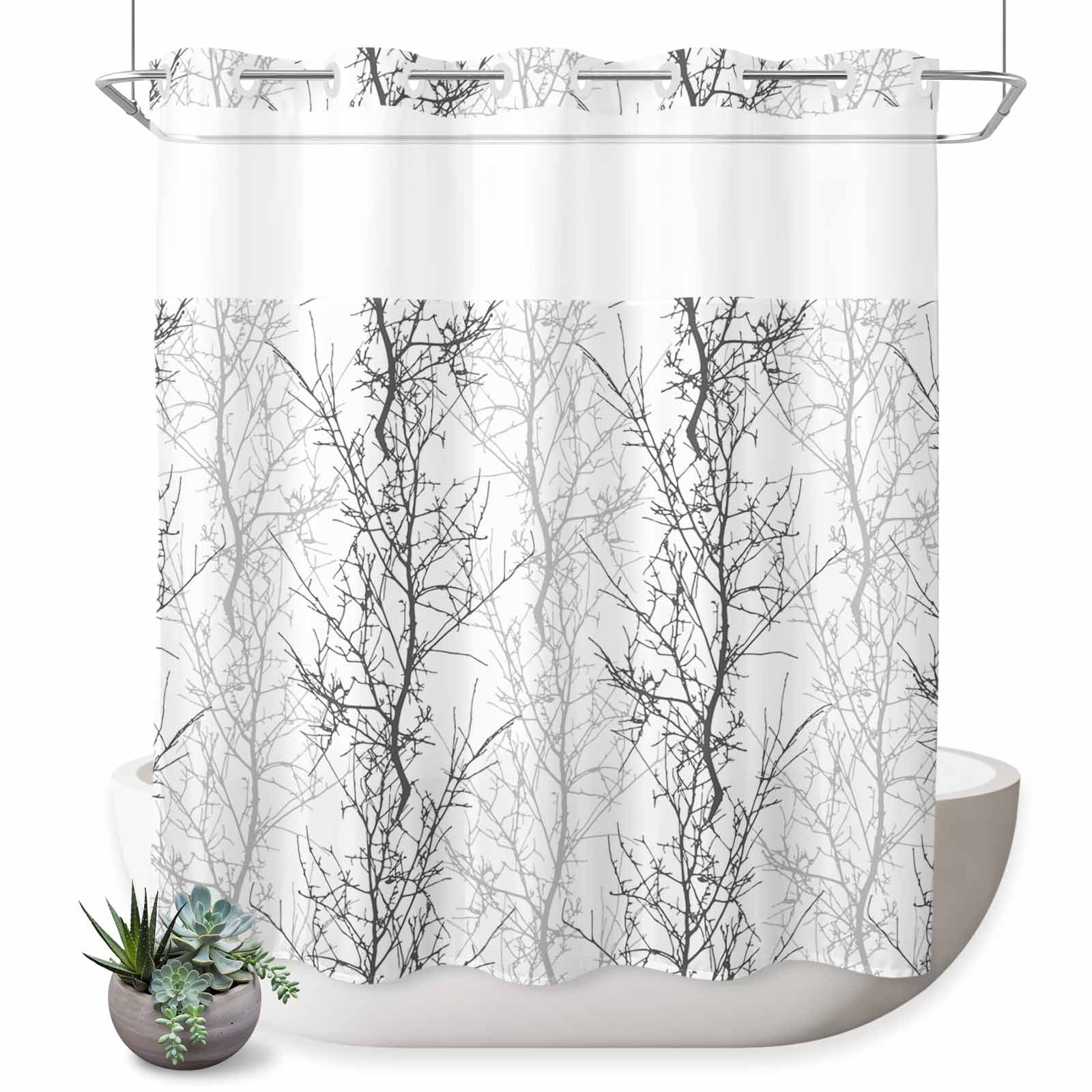 No Hook Shower Curtain, Black Gray Waterproof Fabric Shower Curtains for Bathroom, Pastoral Botanical Branch Aesthetics Standard Bathroom Curtain with Mesh Top Window for Home Hotel Bathtub 72"x72"