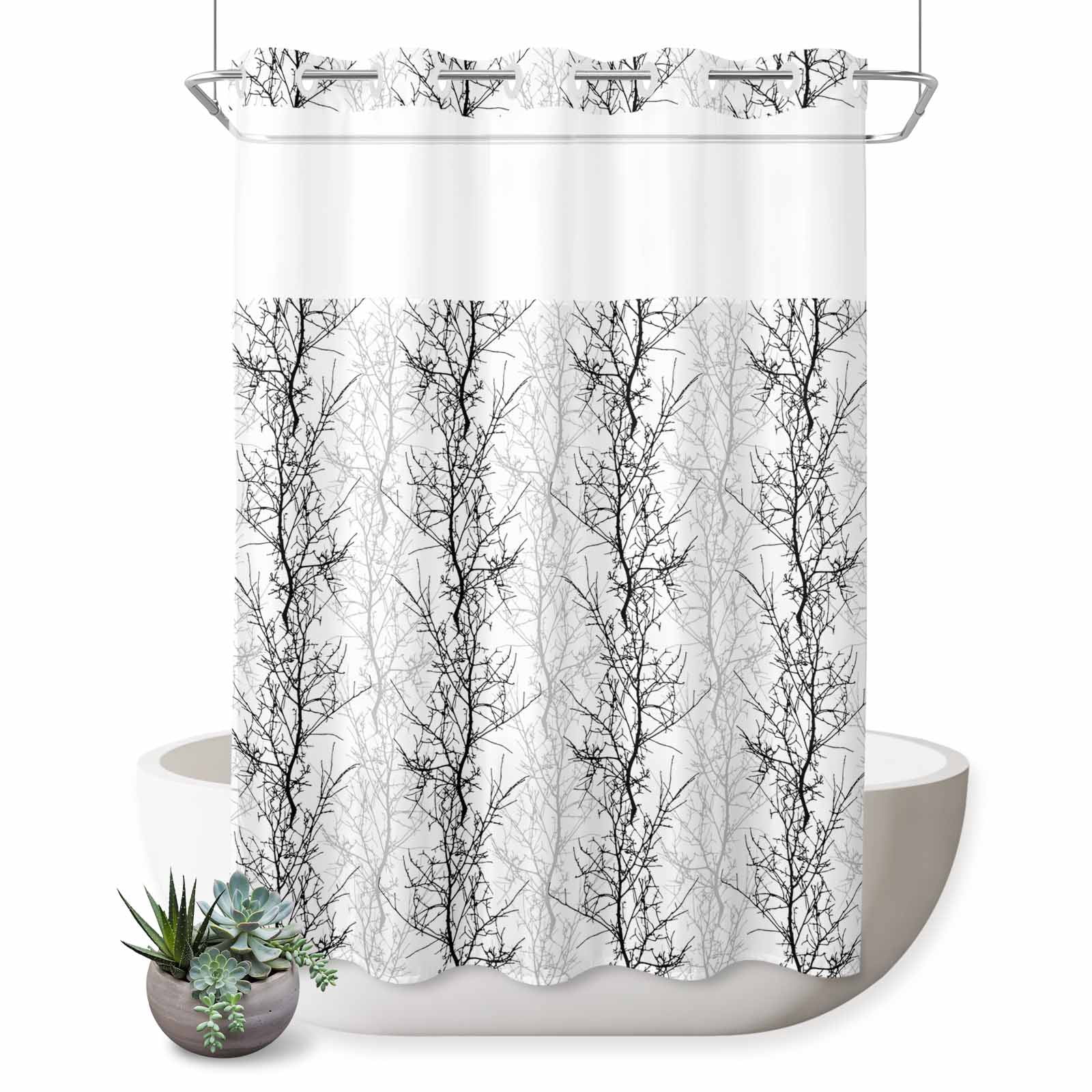 No Hook Shower Curtain, Black Grey Waterproof Fabric Shower Curtains for Bathroom, Pastoral Botanical Branch Aesthetics Bathroom Curtain with Mesh Top Window for Home Hotel Bathtub 48"x72"