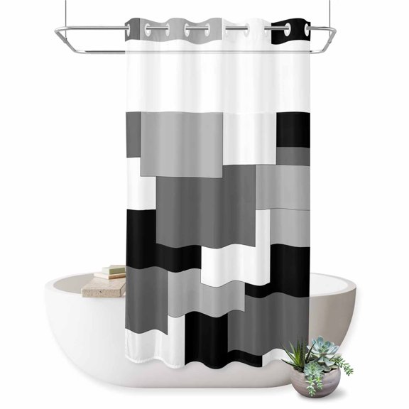 No Hook Shower Curtain,Black Grey Waterproof Shower Curtains for Bathroom,Middle Century Irregular Geo Abstract Art Bathroom Curtain with Mesh Top Window for Home Hotel Bathtub,Small Stall 36"x72"