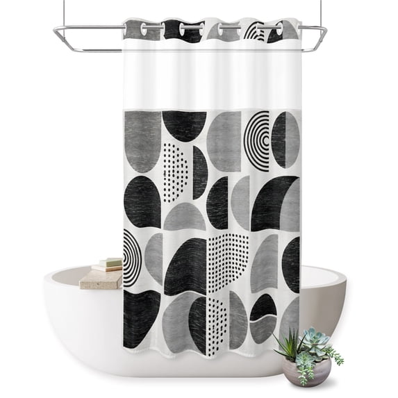 No Hook Shower Curtain, Black Ombre Geometric Shower Curtains for Bathroom with See Through Top Window, Middle Century Vintage Abstract Art Waterproof & Washable Bath Curtain Small Stall 36"x78"