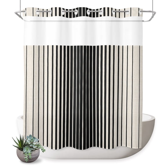 No Hook Shower Curtain, Black Striped Shower Curtains for Bathroom with See Through Top Window, Farmhouse Beige Stripes Vintage Rustic Waterproof & Washable Bath Curtain Standard 72"x72"