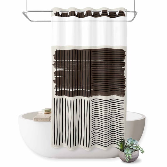 No Hook Shower Curtain, Black Striped Shower Curtains for Bathroom with See Through Top Window, Farmhouse Stripes Modern Abstract Art Waterproof & Washable Bath Curtain Narrow 54"x78"