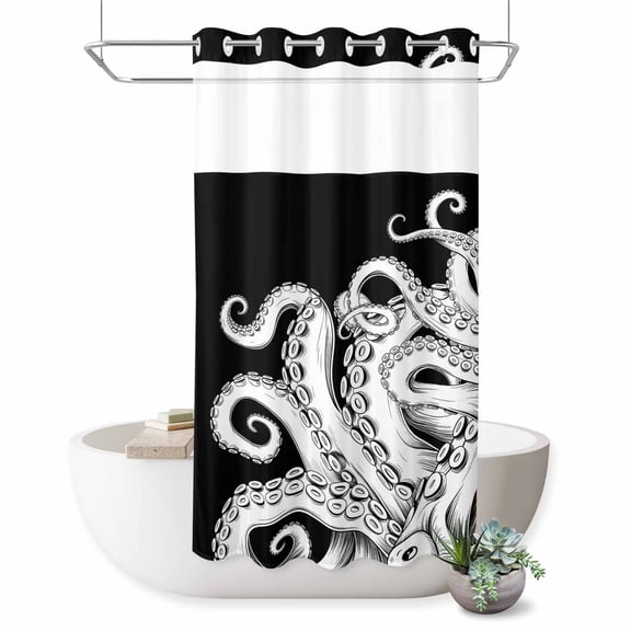 No Hook Shower Curtain, Black White Octopus Shower Curtains for Bathroom with See Through Top Window, Coastal Ocean Animals Nautical Waterproof & Washable Bath Curtain Stand Up Stall 36"x72"