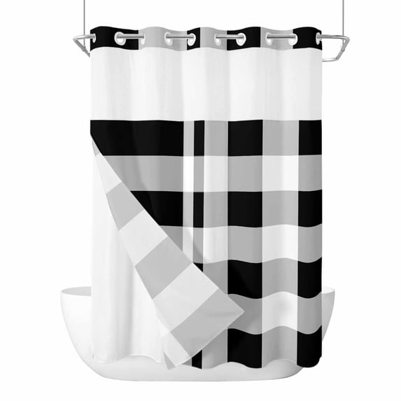 No Hook Shower Curtain, Black White Plaid Long Bathtub Curtains with Snap in Liner, Spring Farmhouse Buffalo Checkered Waterproof Washable Fabric Shower Curtain Set, 72"W x 84"L