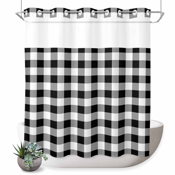No Hook Shower Curtain, Black and White Plaid Shower Curtains for Bathroom with See Through Top Window, Farmhouse Checkered Buffalo Waterproof & Washable Bath Curtain 66"x72"