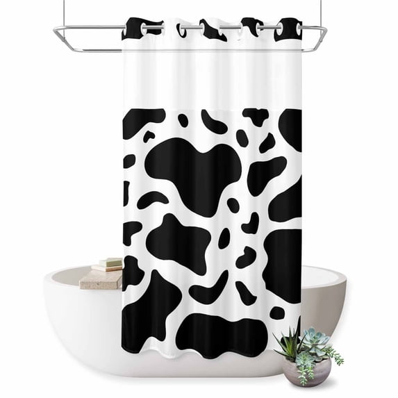 No Hook Shower Curtain, Black and White Shower Curtains for Bathroom with See Through Top Window, Farmhouse Cow Black White Waterproof & Washable Bath Curtain Stand Up Stall 36"x72"