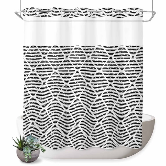 No Hook Shower Curtain, Black White Shower Curtains for Bathroom with See Through Top Window, Modern Abstract Art Farmhouse Waterproof & Washable Bath Curtain Standard 72"x72"
