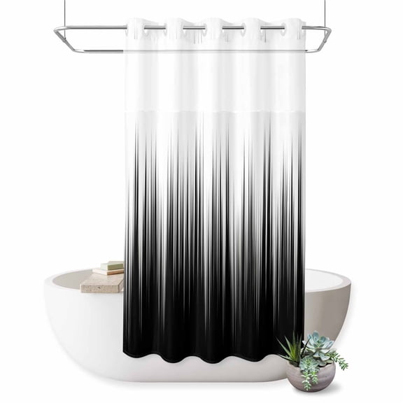 No Hook Shower Curtain, Black White Shower Curtains for Bathroom with See Through Top Window, Modern Geometric Abstract Gradient Striped Waterproof & Washable Bath Curtain Stand Up Stall 36"x72"
