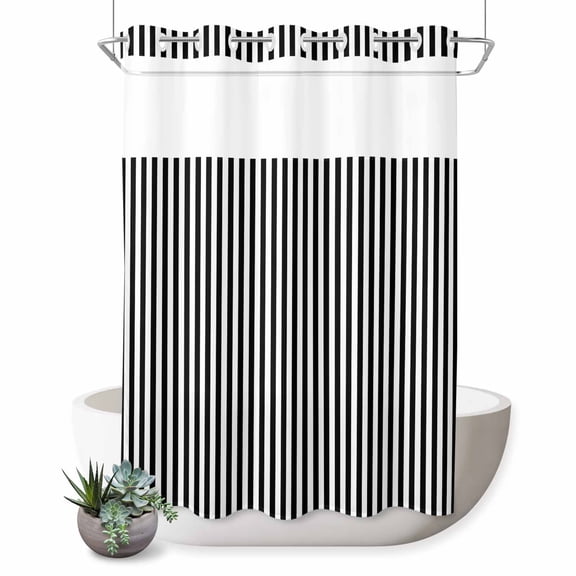 No Hook Shower Curtain, Black White Stripe Shower Curtains for Bathroom with See Through Top Window, Modern Minimalist Geometric Striped Waterproof & Washable Bath Curtain Extra Long 72"x96"