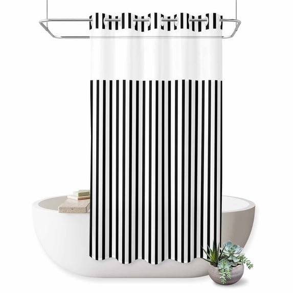 No Hook Shower Curtain, Black White Vertical Striped Shower Curtains for Bathroom with See Through Top Window, Farmhouse Thin Line Stripes Waterproof & Washable Bath Curtain Narrow 54"x78"