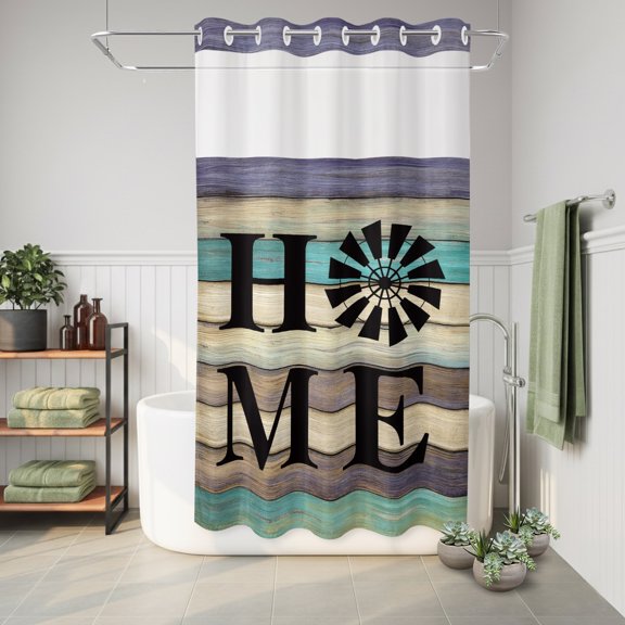 No Hook Shower Curtain Black Windmill HOME Waterproof Fabric Shower Curtain Farmhouse Brown Green Wood Texture Hotel Style Bathroom Curtain with See Through Top Window Machine Washable 36x72in