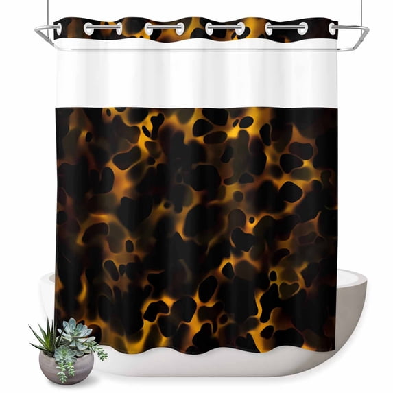 No Hook Shower Curtain, Black Yellow Orange Shower Curtains for Bathroom with See Through Top Window, Minimalist Abstract Art Waterproof & Washable Bath Curtain 66"x72"