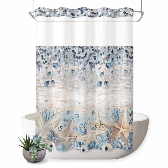 No Hook Shower Curtain, Blue Beige Coastal Shower Curtains for Bathroom with See Through Top Window, Beach Starfish Summer Eucalyptus Vintage Waterproof & Washable Bath Curtain Stall 48"x72"