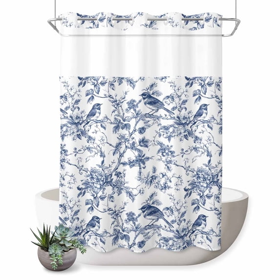 No Hook Shower Curtain, Blue Botanical Shower Curtains for Bathroom with See Through Top Window, Vintage Botanical Birds Waterproof & Washable Bath Curtain Extra Long 72"x84"