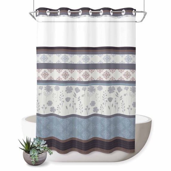 No Hook Shower Curtain, Blue Brown Stripes Shower Curtains for Bathroom with See Through Top Window, Abstract Geometric Spring Flowers Country Waterproof & Washable Bath Curtain 60"x72"