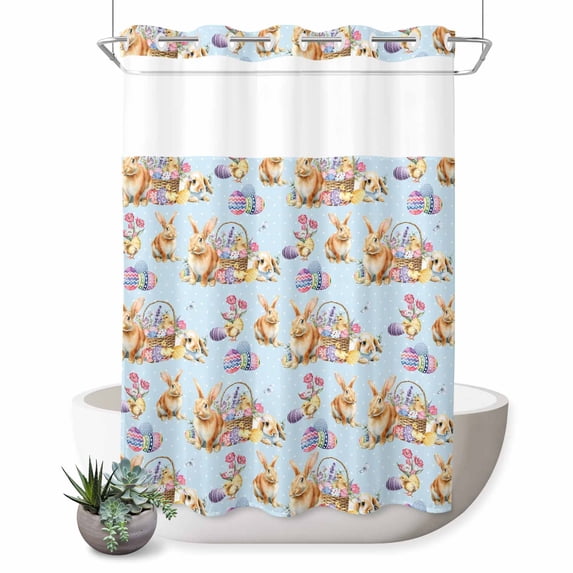 No Hook Shower Curtain, Blue Bunny Easter Shower Curtains for Bathroom with See Through Top Window, Colorful Eggs Rabbits Pastoral Waterproof & Washable Bath Curtain Stall 48"x72"