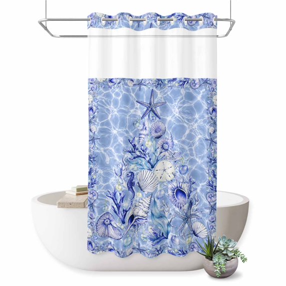 No Hook Shower Curtain, Blue Coastal Shower Curtains for Bathroom with See Through Top Window, Starfish Coral Waves Beach Summer Waterproof & Washable Bath Curtain Stand Up Stall 36"x72"