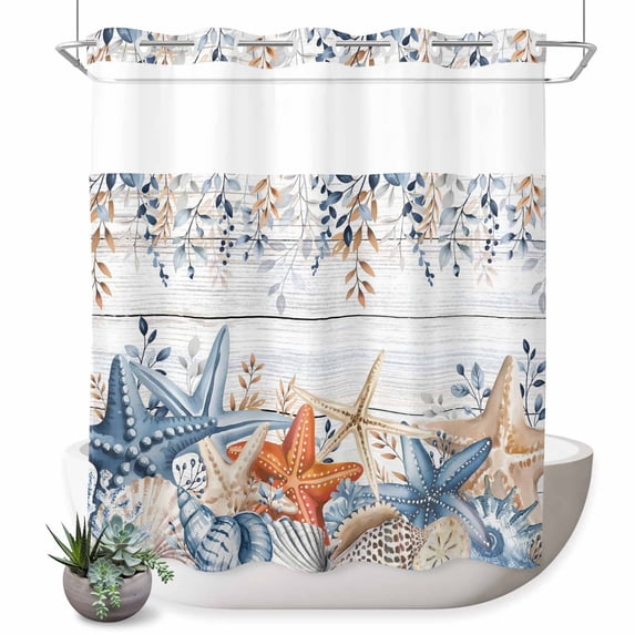 No Hook Shower Curtain, Blue Coastal Shower Curtains for Bathroom with See Through Top Window, Summer Beach Starfish Weeping Eucalyptus Wooden Waterproof & Washable Bath Curtain Standard 72"x72"