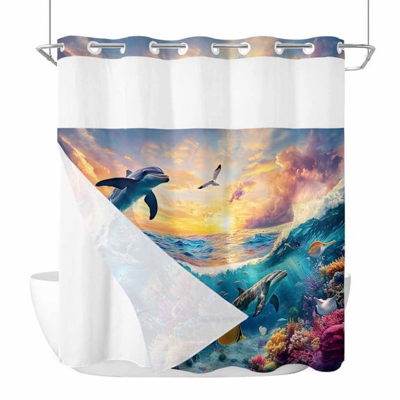 No Hook Shower Curtain, Blue Coastal Standard Shower Curtain with Snap in Liner, Dolphin Summer Beach Nautical Ocean Waterproof Washable Fabric Bathroom Curtains Sets, 72"W x 72"L