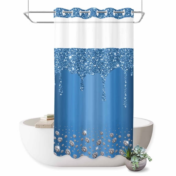 No Hook Shower Curtain Blue Diamond Shower Curtain for Bathroom Luxury Bling Water Drop Bath Curtains Waterproof Fabric with See Through Top Window for Spa Hotel 36x72 Inch