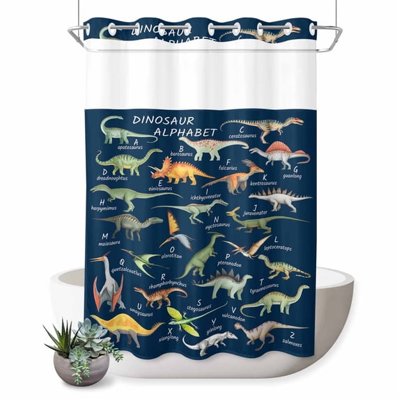 No Hook Shower Curtain, Blue Dinosaur Shower Curtains for Bathroom with See Through Top Window, Vintage Letters Farm Animals Waterproof & Washable Bath Curtain Extra Long 72"x84"