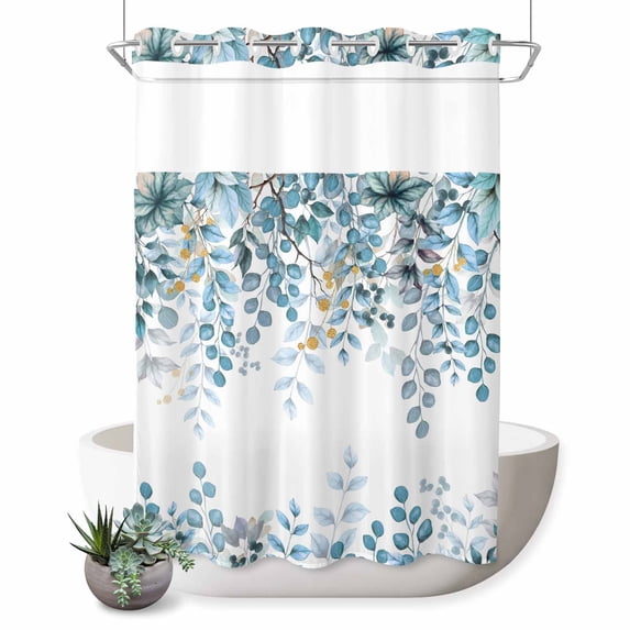 No Hook Shower Curtain, Blue Eucalyptus Leaves Shower Curtains for Bathroom with See Through Top Window, Farmhouse Watercolor Floral Waterproof & Washable Bath Curtain 60"x72"