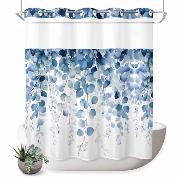 No Hook Shower Curtain, Blue Eucalyptus Leaves Shower Curtains for Bathroom with See Through Top Window, Summer Botanical Weeping Waterproof & Washable Bath Curtain Long 72"x78"