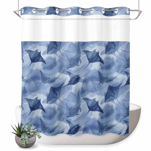 No Hook Shower Curtain, Blue Fish Coastal Shower Curtains for Bathroom with See Through Top Window, Watercolor Beach Ocean Nautical Waterproof & Washable Bath Curtain Long 72"x78"