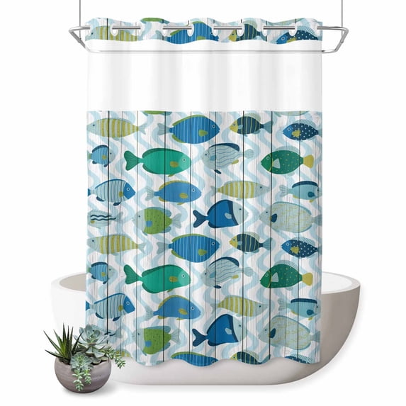 No Hook Shower Curtain, Blue Fishes Shower Curtains for Bathroom with See Through Top Window, Cartoon Coastal Ocean Fish Striped Wooden Waterproof & Washable Bath Curtain 60"x72"
