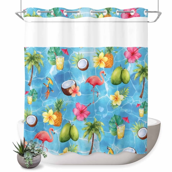 No Hook Shower Curtain, Blue Flamingos Shower Curtains for Bathroom with See Through Top Window, Tropical Summer Botanical Fruits Waterproof & Washable Bath Curtain Long 72"x78"
