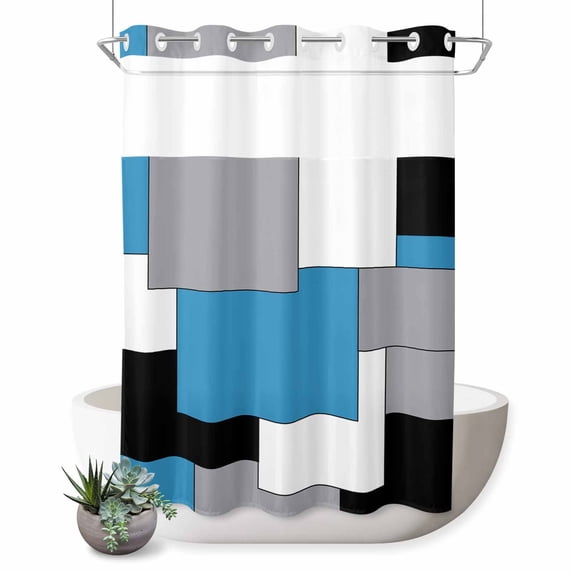 No Hook Shower Curtain, Blue Grey Black Geometric Shower Curtains for Bathroom with See Through Top Window, Middle Century Modern Art Abstract Waterproof & Washable Bath Curtain Stall 48"x72"