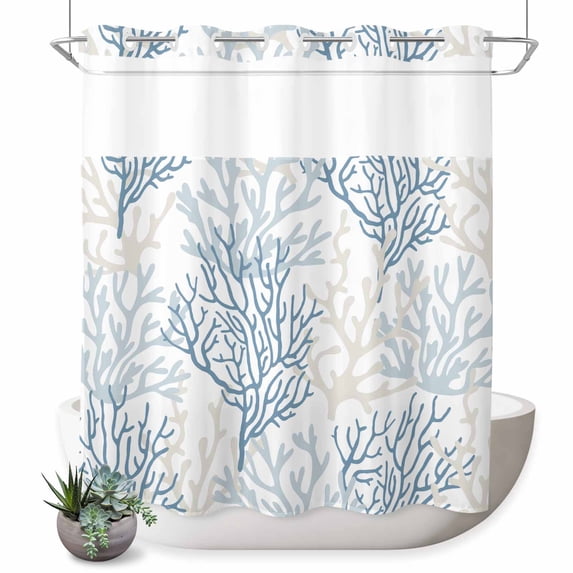 No Hook Shower Curtain, Blue Grey Coral Coastal Shower Curtains for Bathroom with See Through Top Window, Summer Beach Seaside Nautical Waterproof & Washable Bath Curtain 66"x72"