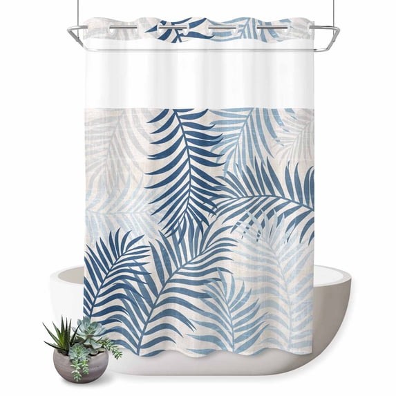 No Hook Shower Curtain, Blue Grey Palm Leaves Shower Curtains for Bathroom with See Through Top Window, Summer Botanical Tropical Leaf Waterproof & Washable Bath Curtain Stall 48"x72"