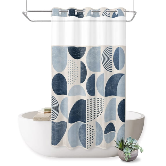 No Hook Shower Curtain, Blue Ombre Geometric Shower Curtains for Bathroom with See Through Top Window, Middle Century Vintage Abstract Art Waterproof & Washable Bath Curtain Small Stall 36"x78"
