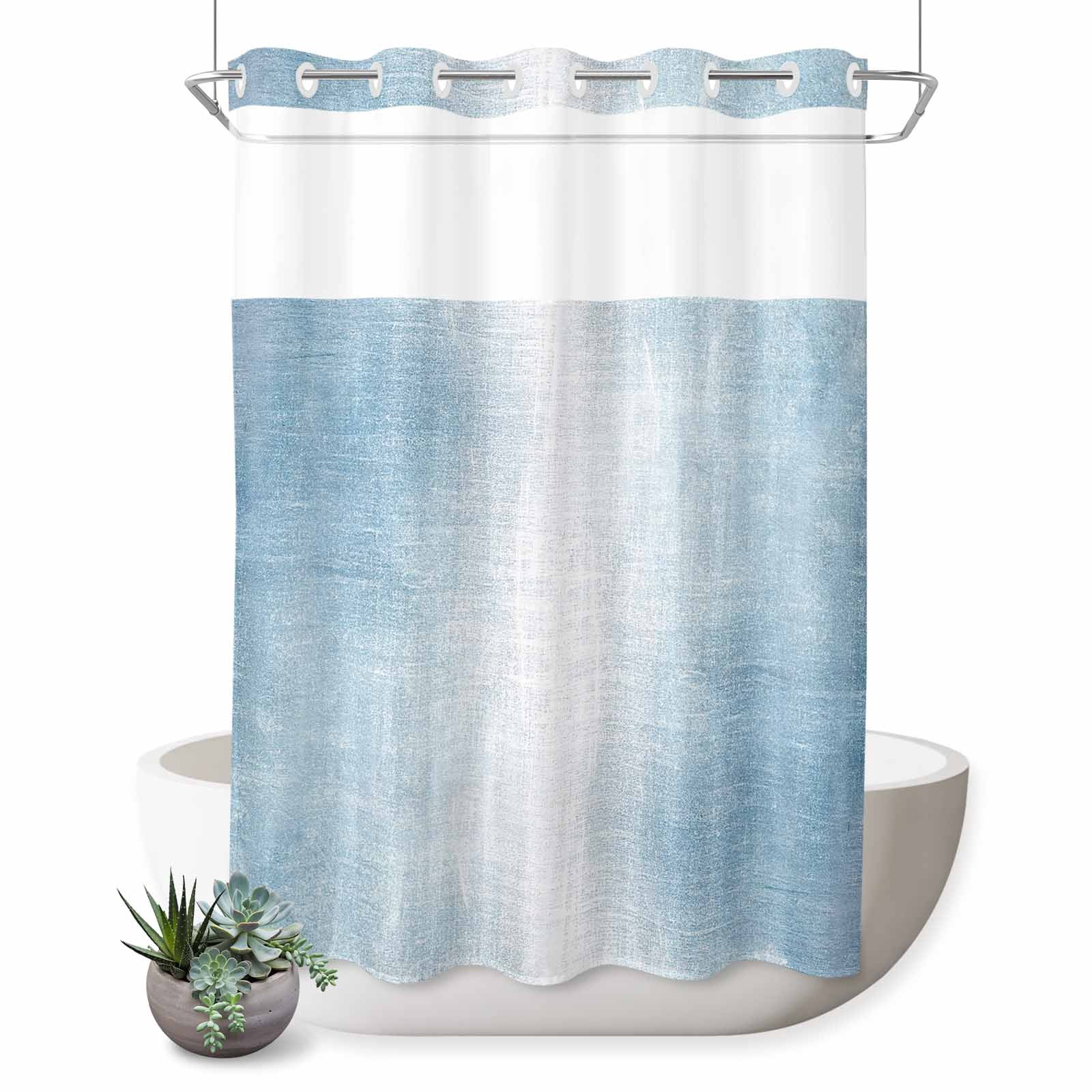 No Hook Shower Curtain, Blue Ombre Waterproof Fabric Shower Curtains for Bathroom, Modern Abstract Art Aesthetics Bathroom Curtain with Mesh Top Window for Home Hotel Bathtub 48"x72"