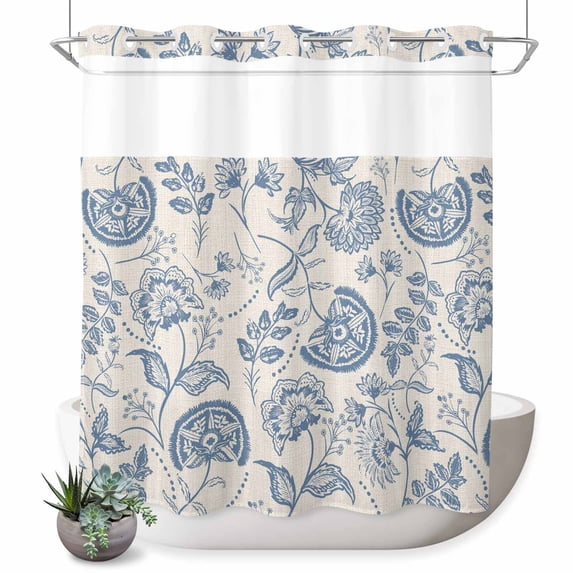 No Hook Shower Curtain, Blue Paisley Shower Curtains for Bathroom with See Through Top Window, Vintage Boho Flower Botanical Leaf Branch Waterproof & Washable Bath Curtain Long 72"x78"