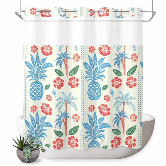No Hook Shower Curtain Blue Pineapple Shower Curtain for Bathroom Floral Tropical Fruit Palm Tree Bath Curtains Waterproof Fabric with See Through Top Window for Spa Hotel 72x72 Inch