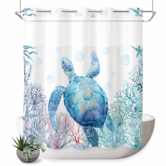 No Hook Shower Curtain, Blue Sea Turtle Shower Curtains for Bathroom with See Through Top Window, Summer Coastal Coral Ocean Waterproof & Washable Bath Curtain Long 72"x78"