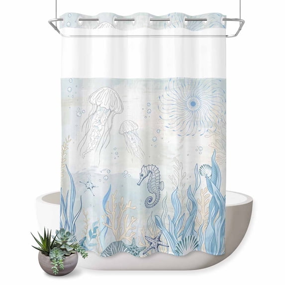 No Hook Shower Curtain, Blue Seahorse Coastal Shower Curtains for Bathroom with See Through Top Window, Summer Beach Nautical Ocean Coral Waterproof & Washable Bath Curtain Stall 48"x72"
