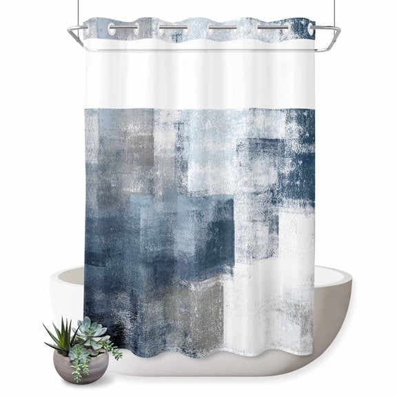 No Hook Shower Curtain, Blue Shower Curtains for Bathroom with See Through Top Window, Retro Oil Painted Modern Abstract Art Waterproof & Washable Bath Curtain 60"x72"