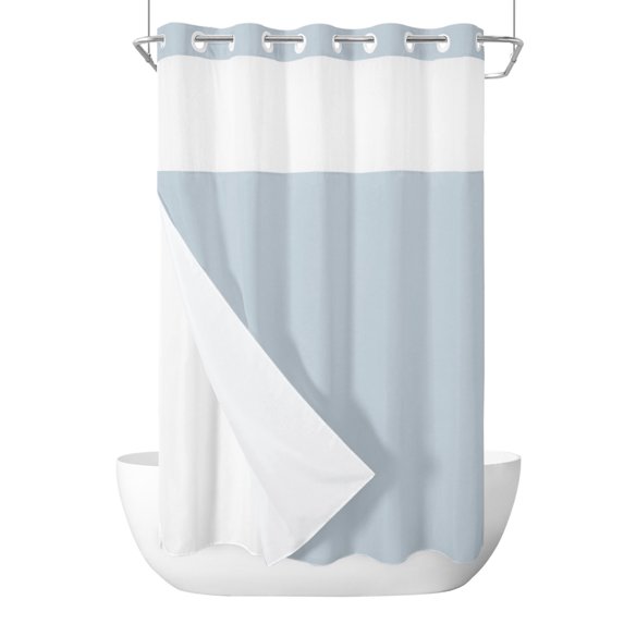 No Hook Shower Curtain, Blue Solid Color Small Shower Curtains with Snap in Liner, Modern Minimalist Pure Color Waterproof Washable Fabric Bathroom Curtain Set, 36" x 72"