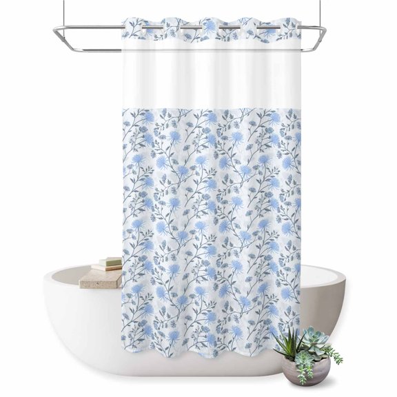 No Hook Shower Curtain, Blue Spring Floral Shower Curtains for Bathroom with See Through Top Window, Flowers Leaves Pastoral Botanical Waterproof & Washable Bath Curtain Small Stall 36"x78"