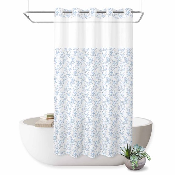 No Hook Shower Curtain, Blue Spring Floral Shower Curtains for Bathroom with See Through Top Window, Summer Botanical Watercolor Waterproof & Washable Bath Curtain Small Stall 36"x78"